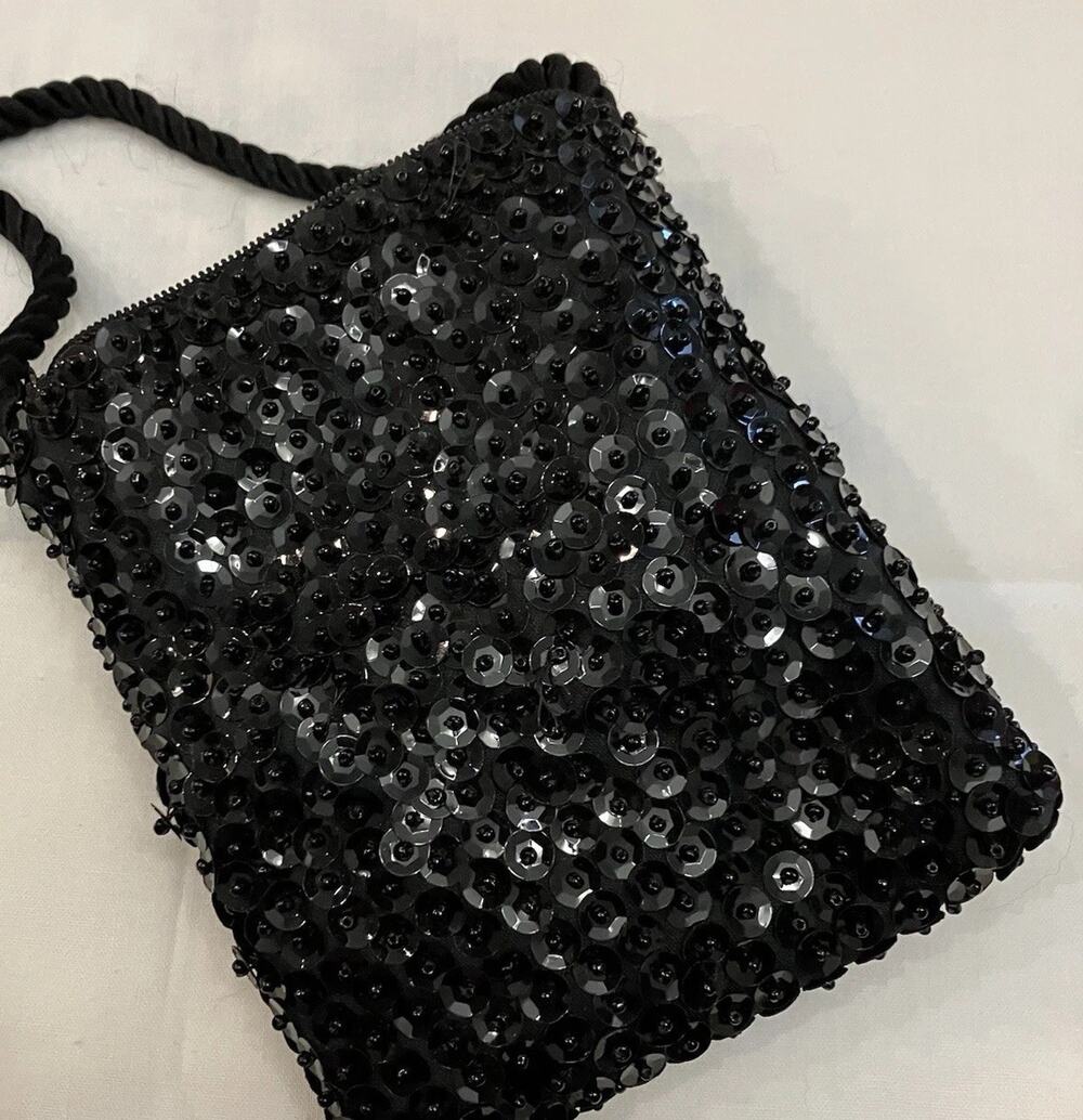 Black Sequined Beaded Satin Formal Dinner Crossbody Rope Strap Zip Phone Purse